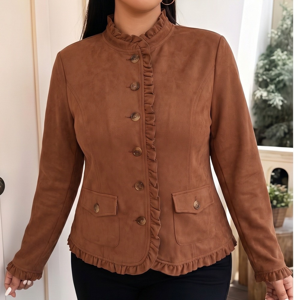 Dressbarn Retro Steampunk Feminine Brown Faux Suede Ruffle Detail Jacket XL